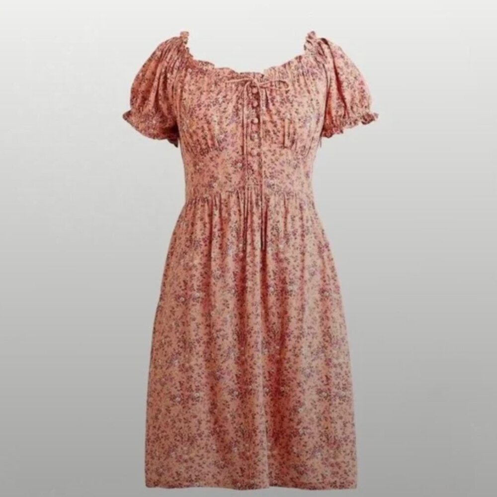 J Crew Orange Floral Dress with Puff Sleeves, Ruched Neckline, and Smocked Back